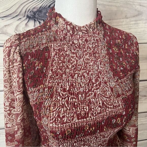 Polly Burgundy Patterned Ruffle Neck Long Sleeve Fit & Flare Dress - Picture 6 of 12